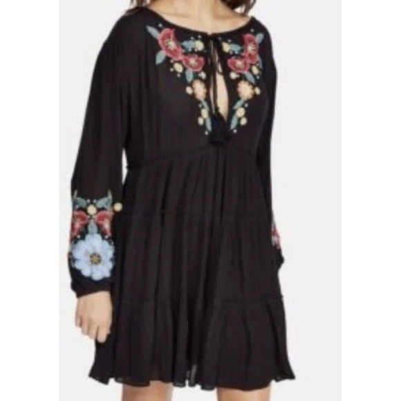 Free People Womens Boho Black Floral Embroidered Long Sleeve Mini Dress Size XS - Picture 1 of 7